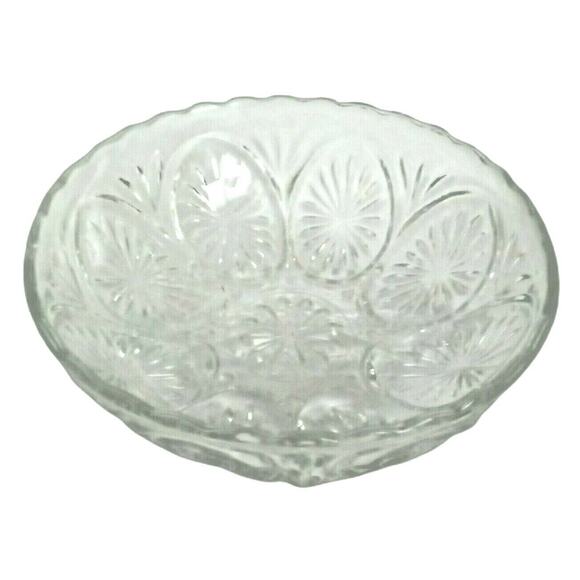 Retro Etched Serving Bowl Clear Cut Glass Decorative Vegetable Salad Fruit VTG - Picture 2 of 11